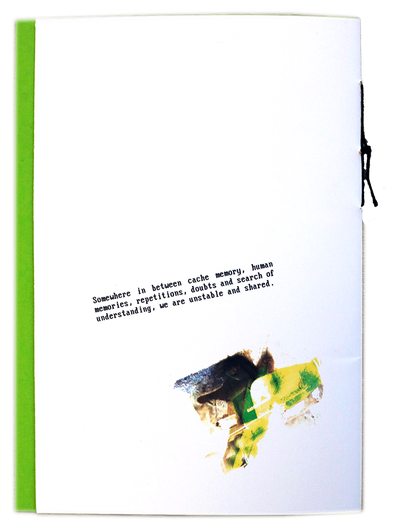 A white backcover of a zine with a colourful abstract
			image and text.